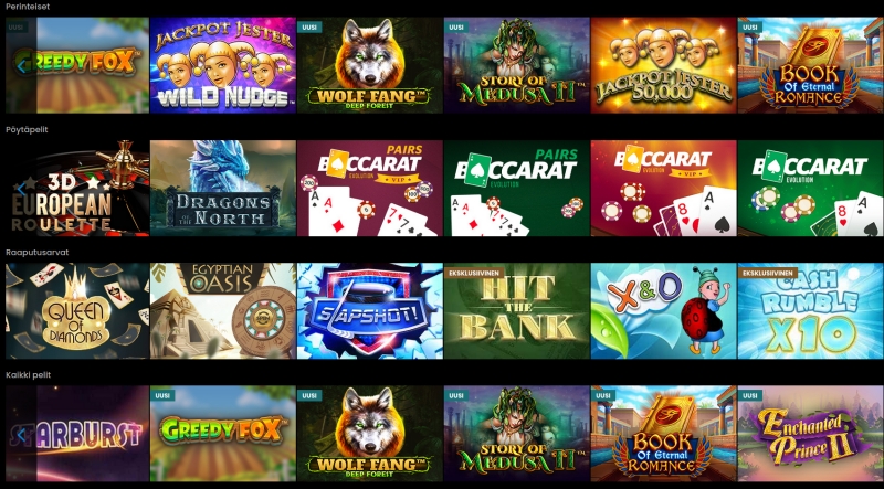 Pelivalikoima: kolikkopelit, jackpotit & live-pelit